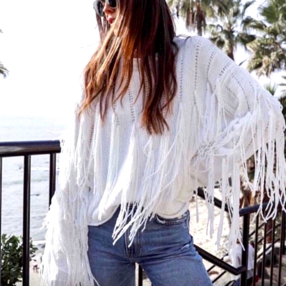 Show Me Your Mumu Carlton Crop Fringe Alpine knit sweater, White Chenille, Small